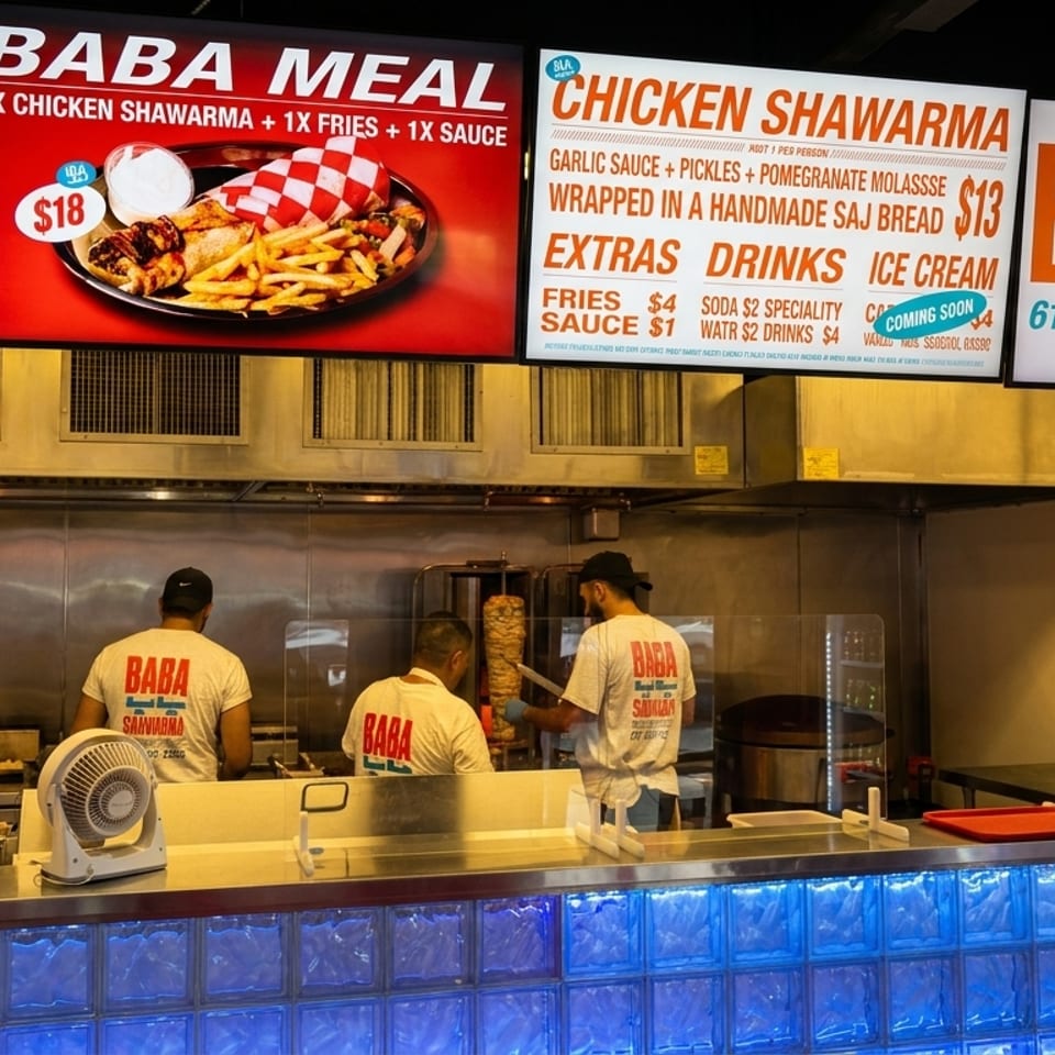 Three Baba Shawarma employees prepare food behind a counter with menu screens above them.