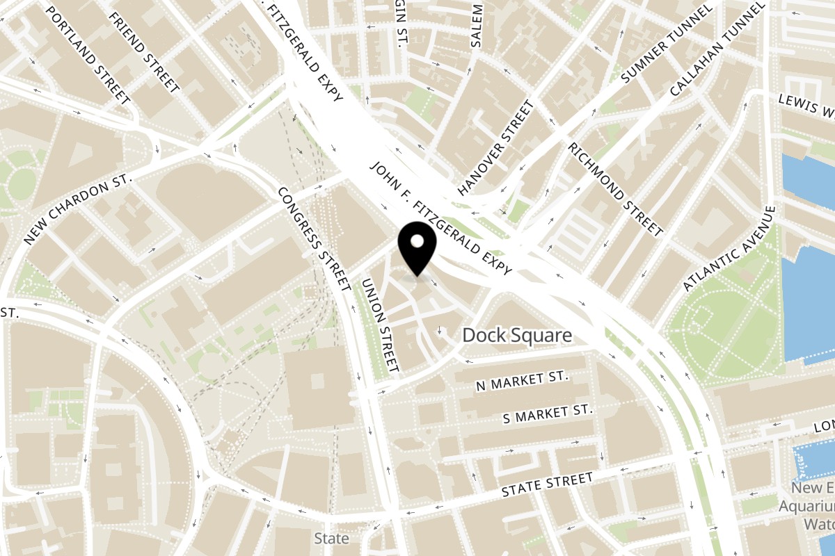 Map showing the location of Baba Shawarma on 100 Blackstone St in Boston
